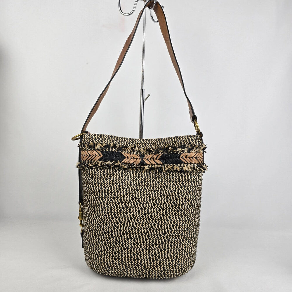 Eric Javits Fringe-Trim Raffia Leather Trim Purse Bag